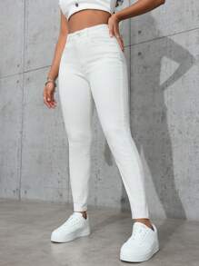 SHEIN PETITE Quần jean nữ Slim Fit thông thường và đa năng có túi - trắng - Xem 1