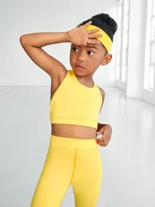 SHEIN Bộ đồ thể thao co giãn nén thoải mái cho bé gái, màu vàng, bao gồm áo ba lỗ và quần legging để chạy và đạp xe, thấm ẩm và thoáng khí - Màu vàng - Xem 2