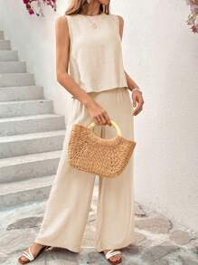 SHEIN Essnce Bộ đồ hai mảnh áo cổ tròn không tay màu trơn và quần thường ngày cho nữ - Màu be - Xem 4