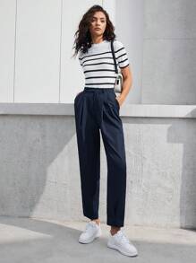 BizChic Women's Striped Mock Neck Short Sleeve Fitted T-Shirt, Elegant Fashion Business Casual Wear For Urban Commute, Suitable For Teachers, Office, School, Outings, Basic Top