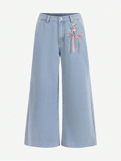 Kawaii Cute Ribbon Bow Decor Plus Size Denim Jeans, School