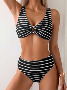 Swim Vcay Ladies' Striped Circular Link Sexy Bikini Set For Summer Beach, 2pcs - Black and White - View 5