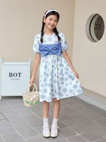 SHEIN 少女休闲春夏碎花编织两件套圆领短袖连衣裙 - 藍白色 - 查看 6