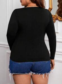 SHEIN Essnce Plus Size Women's Autumn And Winter Casual Round Neck Sexy Slim Strap Long Sleeve Black T-Shirt,Base Tops,Fall Women Tops,Curv Tops,Homecoming,Costume,Fall Women Outfits,Halloween Clothes,Cute Tops