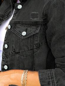 时尚女式黑色牛仔夹克，采用破洞细节领口、长袖和实用纽扣和口袋，非常适合休闲装 - 深灰色 - 查看 5