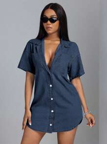 SHEIN SXY Ladies' Short Sleeve Denim Mini Dress With Lapel Collar, Front Buttons And Pockets, Casual Daily Wear
