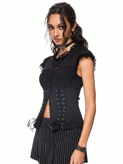 Academia Camisa elegante y sexy de unicolor con botones, lazo y pliegues para ropa de trabajo formal de mujer
