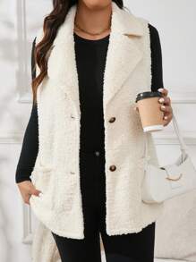 SHEIN Essnce Plus Size Sleeveless Turn-Down Collar Vest With Pockets, For Winter