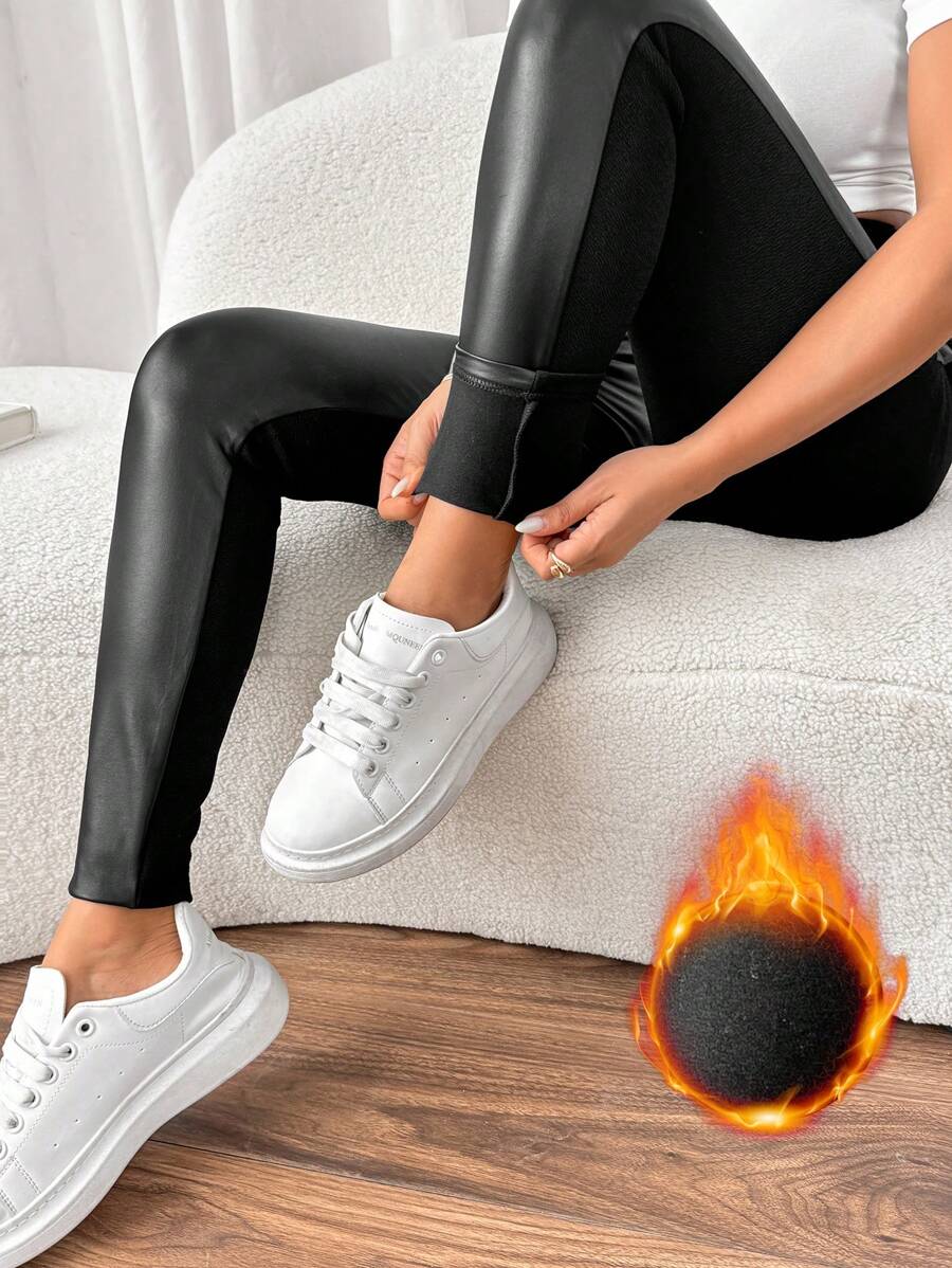 SHEIN Frenchy Quần legging phối PU lót nhiệt giữ nhiệt cho nữ - màu đen - Xem 1