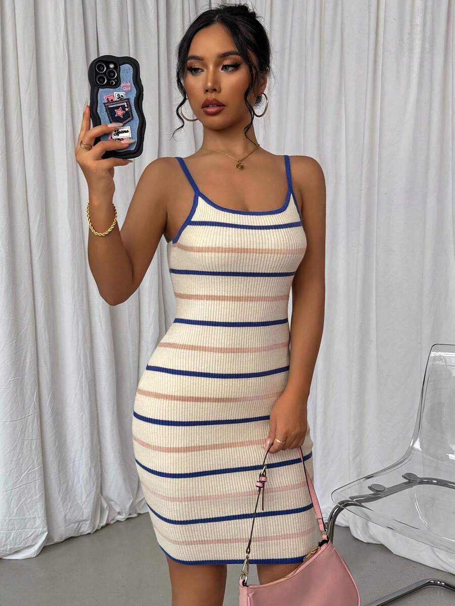 Chiquease 女性條紋休閒無袖毛衣連衣裙，春季/夏季款