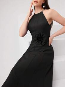 Modelyn Women's Sleeveless Solid Color Simple Elegant Dress With 3D Flower Design, Graceful And Gentle Long Evening Dresses - Black - View 3