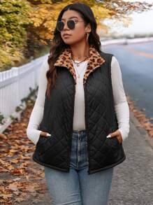 SHEIN VCAY Plus Size Leopard Print Warm Fleece Padded Vest Jacket For Holiday - Multicolor - View 6