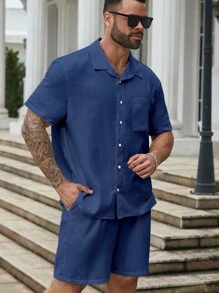 Manfinity Homme 男裝大尺寸純色簡約短袖上衣和短褲套裝，適用於日常穿著 - 藏蓝色 - 查看 5