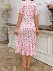 CottageSlumber Vestido de dormir de manga corta con volante en el bajo y estampado floral pequeño, vestido largo de solapa única perfecto para el verano y las vacaciones