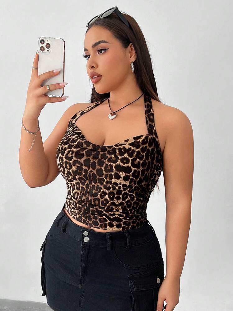 SHEIN EZwear Top sin mangas de cuello colgante con estampado de leopardo para mujer talla grande - Multicolor - Añade 4