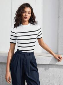 BizChic Women's Striped Mock Neck Short Sleeve Fitted T-Shirt, Elegant Fashion Business Casual Wear For Urban Commute, Suitable For Teachers, Office, School, Outings, Basic Top