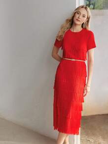 MOTF PREMIUM SOLID LAYERED FRINGE HEM BODYCON DRESS WITHOUT BELT - Hot Pink - View 4