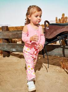 SHEIN 2pcs Baby Girls Pink Long Sleeve Bodysuit And Sunflower Print Pants Set For Autumn - Pink - View 3