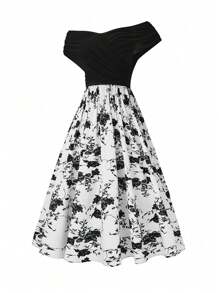 Mulvari Plus Size Color-Block Allover Print Off-Shoulder Dress For Women, Summer - Multicolor - View 5