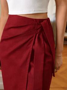 SHEIN Frenchy 女士純色百褶包覆側腰帶優雅辦公室裙 - 玫瑰紅 - 查看 7