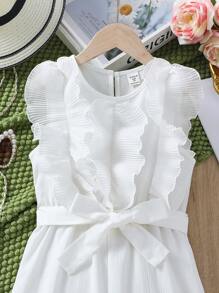 SHEIN Tween Girls White Jumpsuit With Wide Legs And Delicate Embroidery Lace For Summer Holiday Or