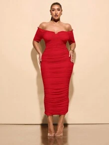 SHEIN BAE 大码女式夏季弹力网纱单肩褶皱中长连衣裙，女士生日礼服，优雅派对连衣裙