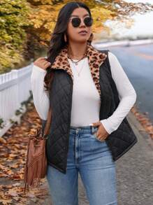 SHEIN VCAY Plus Size Leopard Print Warm Fleece Padded Vest Jacket For Holiday - Multicolor - View 4