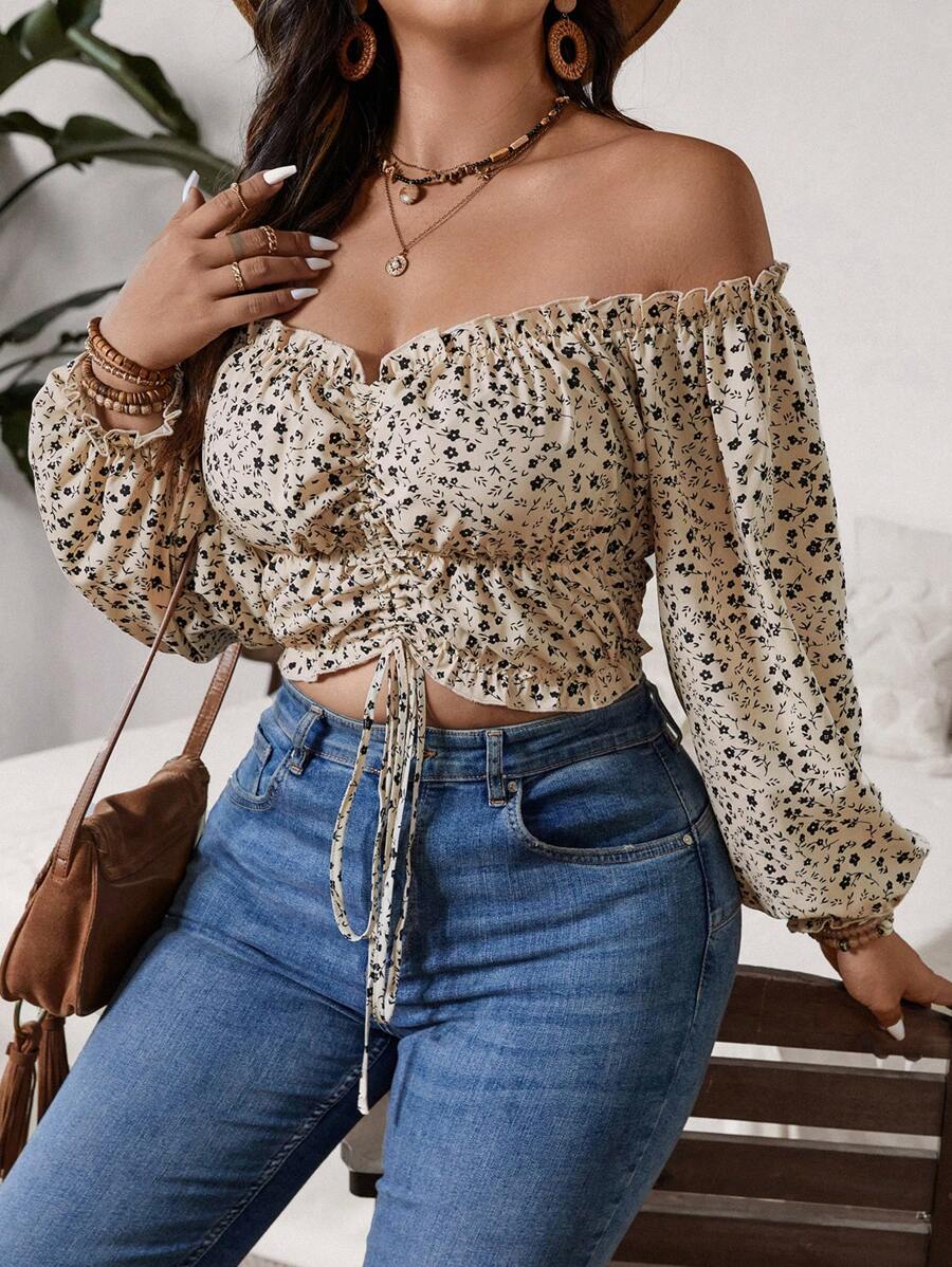 SHEIN VCAY Plus Size Holiday Off-Shoulder Shirred Hemline Shirt With Drawstring Tie - Multicolor - View 1