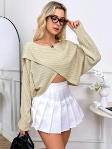 Chiquease Printemps et automne Pull court enroulé à manches chauve-souris de couleur unie décontracté