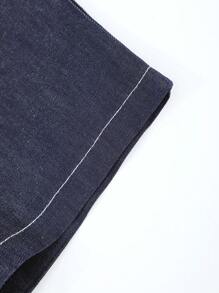 SHEIN 男童牛仔與條紋拼接鈕扣衫和編織胸口短袖短褲套裝，適用於休閒和居家穿著 - 藍色 - 查看 4