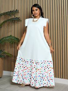 Slaydiva 加大尺寸假日&優雅&休閒寬鬆白色拼色&波點印花無袖洋裝，荷蘭花邊頸口和裙擺，春夏季 - 白色 - 查看 4