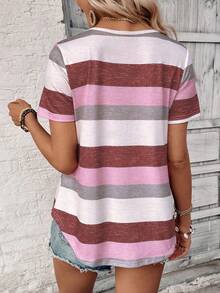 SHEIN LUNE 女士條紋印花V領短袖休閒T恤，夏季 - 粉色 - 查看 2