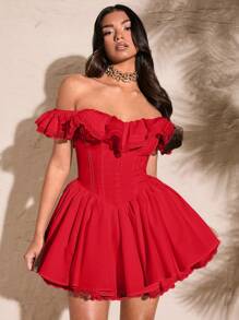 SHEIN BAE 女性款夏季白色性感愛心領花瓣袖純色荷葉邊以及圓弧下擺的鐘擺短裙洋裝 - 紅色 - 查看 6