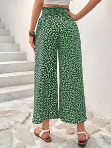 SHEIN Essnce Quần ống rộng in họa tiết mùa hè thường ngày xẻ viền hoa - màu xanh lá - Xem 2