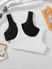 SHEIN 2 件 Tween Girls 心形装饰加垫舒适贴肤吊带背心套装 - 黑與白 - 查看 5