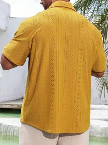 Manfinity Homme Men's Plus Size Boho Summer Casual Solid Color Hollow Out Embroidery Shirt, Vacation, Plain - Yellow - View 2