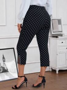 EMERY ROSE 大码女式波尔卡圆点印花侧开衩秋季紧身裤 - 黑色 - 查看 2