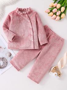 Baby Girls' Simple Pink Flannel Plush Long Sleeve And Pants Set, Casual & Comfortable Home Clothing - Pink - View 1