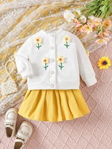 嬰兒女孩花卉裝飾前扣圓領長袖上衣+純色褶裥裙套裝 - 黃色 - 查看 3