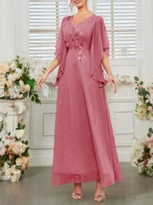 SHEIN Belle Váy cưới nữ cổ chữ V lãng mạn và thanh lịch với đính hoa và tay áo xù - Màu Hồng baby - Xem 1