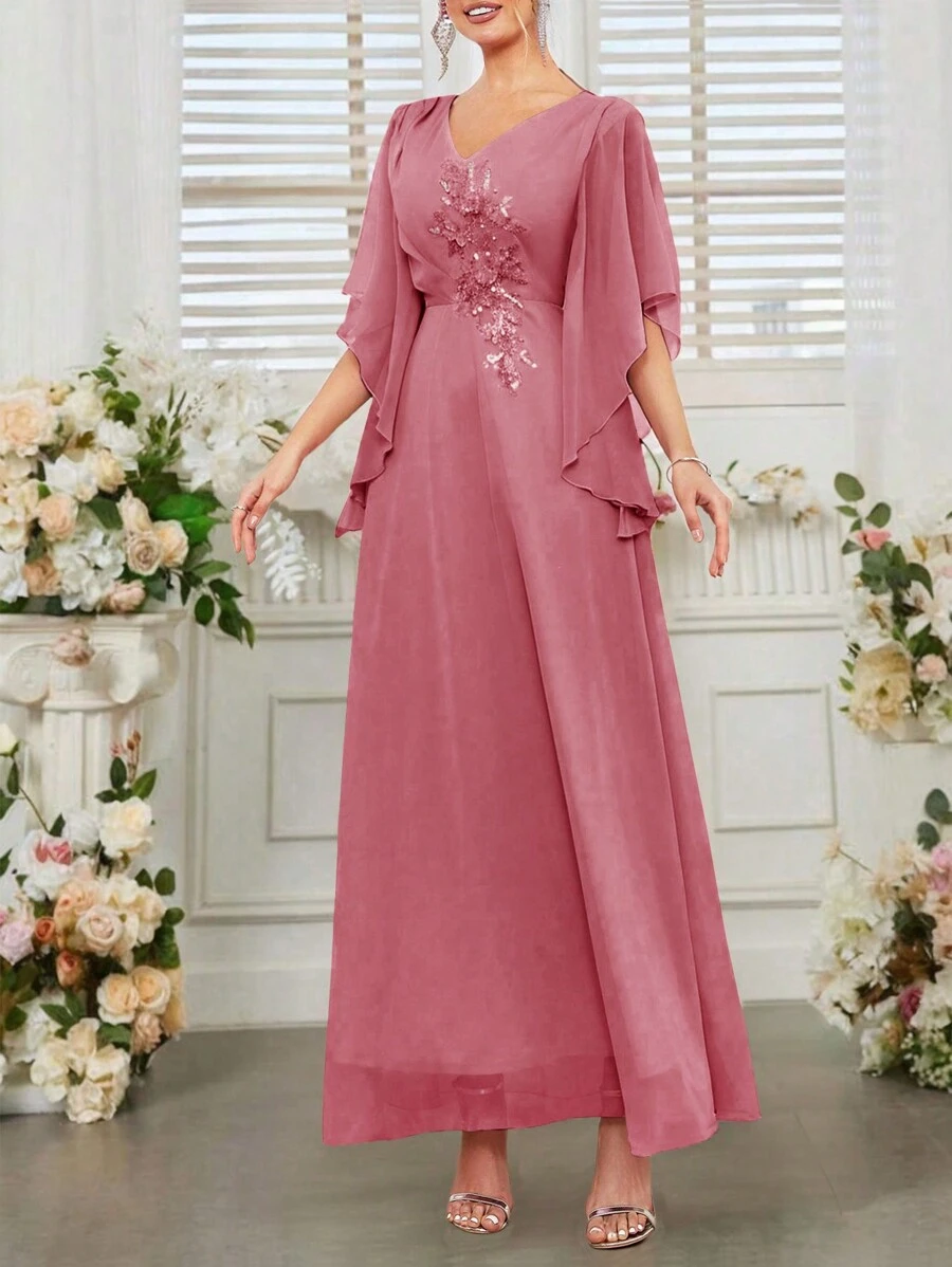 SHEIN Belle Váy cưới nữ cổ chữ V lãng mạn và thanh lịch với đính hoa và tay áo xù - Màu Hồng baby - Xem 1