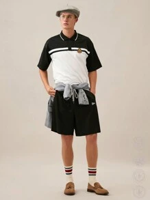 Manfinity RebelGame Men's Patchwork Loose Short Sleeve Polo Set, Perfect For Summer,Back To School,Back To School