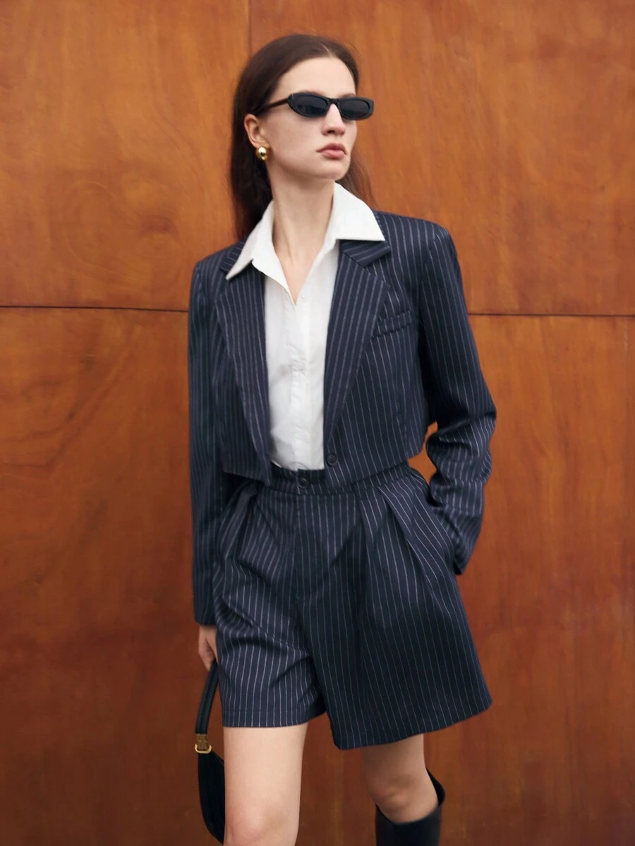BizChic 女士商务办公工作服复古风格条纹短裤套装,秋季 - 藏蓝色 - 查看 1
