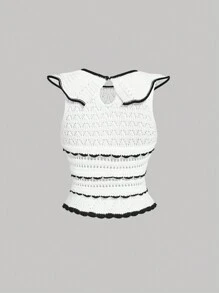 SHEIN MOD 白色撞色边花卉蕾丝波浪纹理针织背心，返校服装，复古风格，休闲女装，冬装 - 白色 - 查看 2