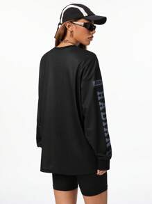 SHEIN Coolane Women's Vintage Back To School Football Street Cool T-Shirts, Y2K Fall Long Sleeve Loose Fit Tee With Sports Motorcycle Print - Black - View 2