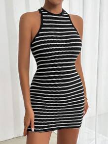 Zolique Sleeveless Striped Round Neck Short Bodycon Dress, Casual Wear - Black - View 8