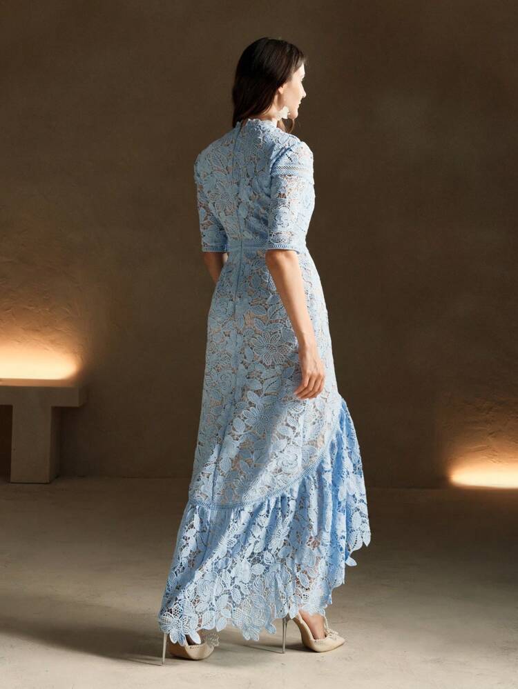 Pure White Floral Water Soluble Lace Short Sleeve Mermaid Dress Maxi Women Outfit