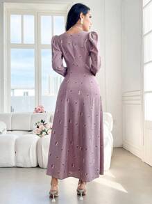 Modelyn Women's Embroidered Decor Minimalist Daily Wear Arabian Modest Dress - Dusty Pink - View 5