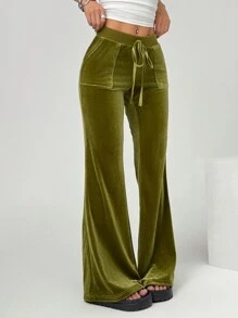 SHEIN EZwear SHEIN EZwear Women's Autumn Casual Retro Green Velvet Flared Pants