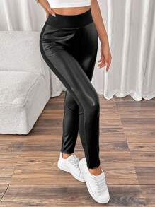 SHEIN Frenchy Quần legging phối PU lót nhiệt giữ nhiệt cho nữ - màu đen - Xem 6